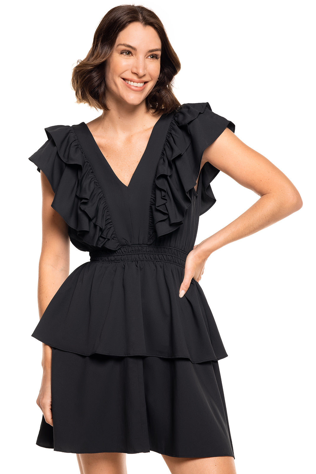 South Cove | Women's V-Neck Ruffle Dress | Black