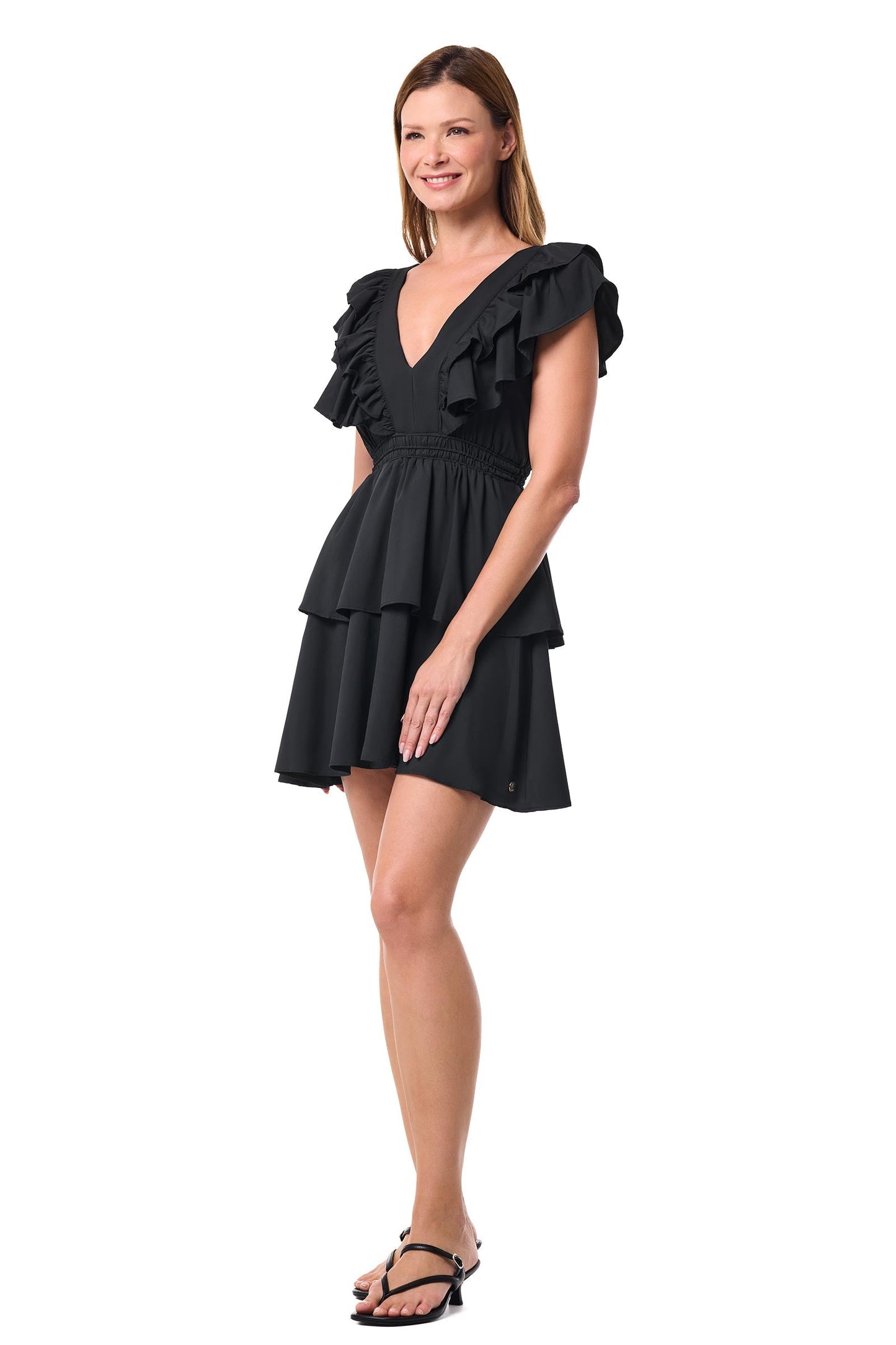 South Cove | Women's V-Neck Ruffle Dress | Black