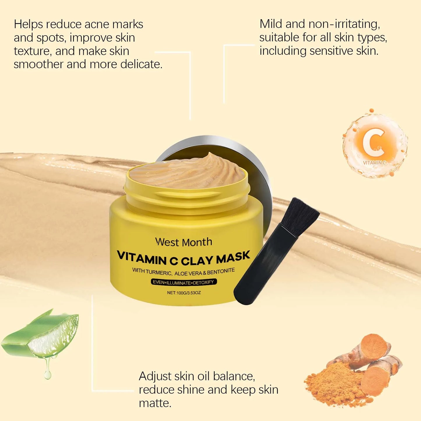 West&Month 100g Vitamin C Clay Mask Effectively Brighten Deep Cleansing Pores Nourish Hydrating Skin Care Shrink Pores Clay Mask