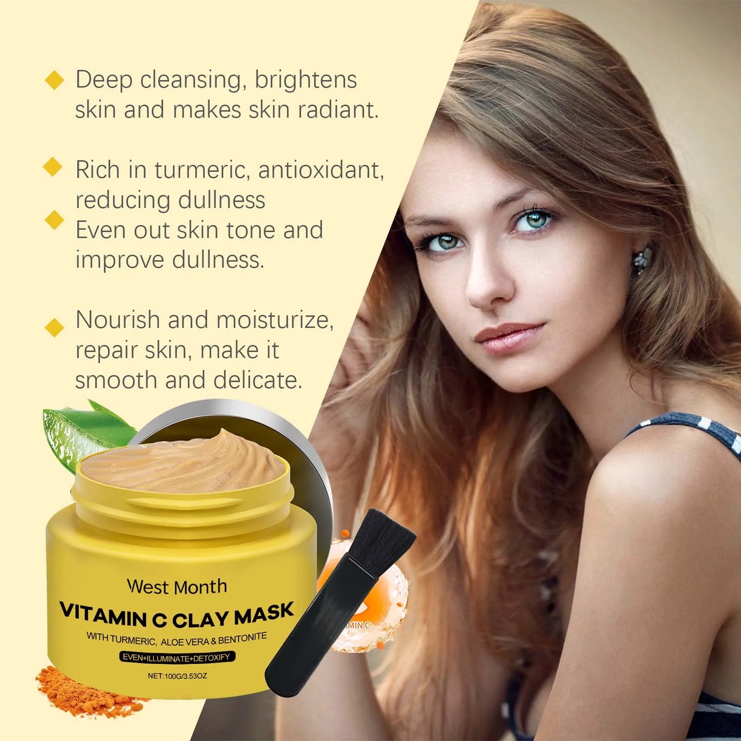 West&Month 100g Vitamin C Clay Mask Effectively Brighten Deep Cleansing Pores Nourish Hydrating Skin Care Shrink Pores Clay Mask