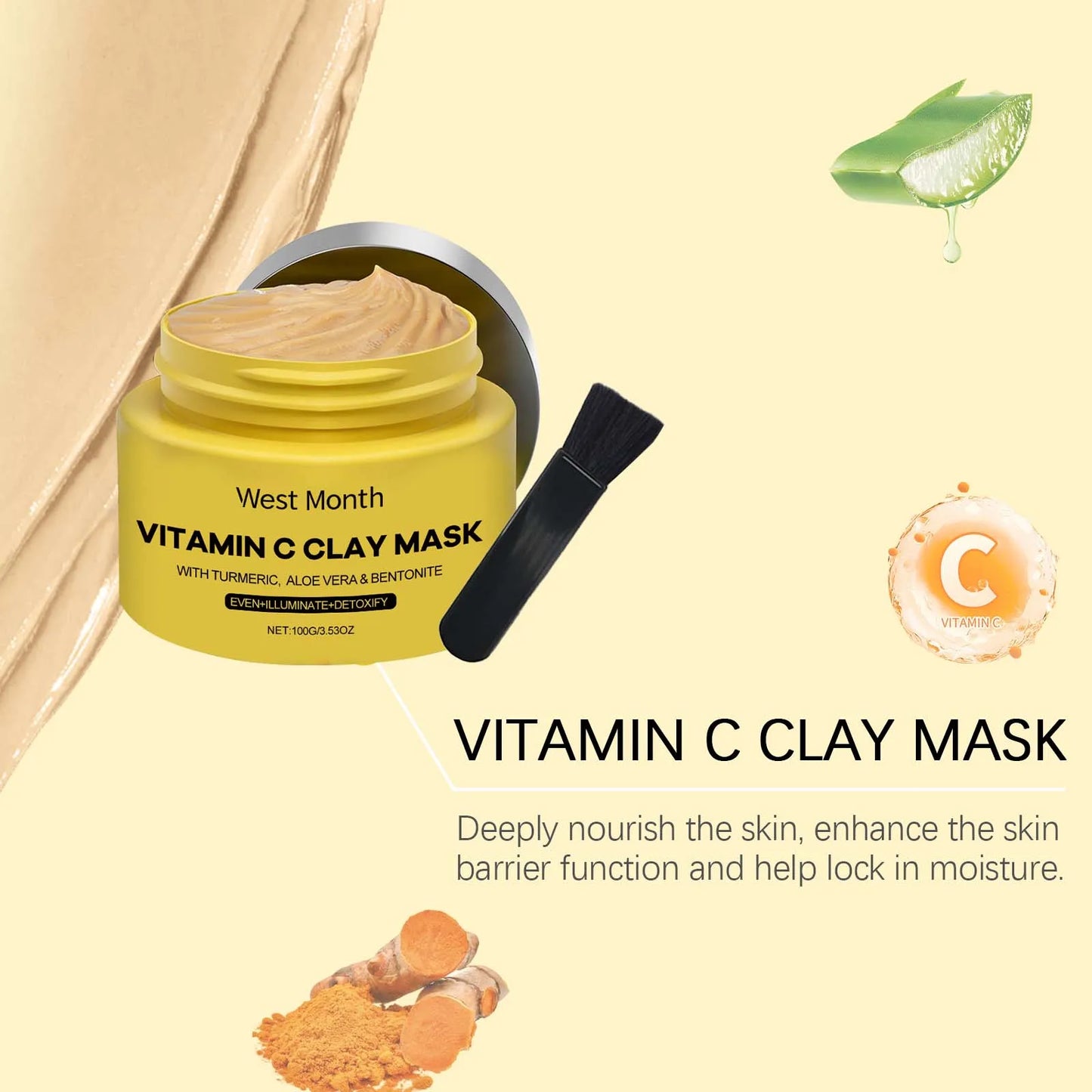 West&Month 100g Vitamin C Clay Mask Effectively Brighten Deep Cleansing Pores Nourish Hydrating Skin Care Shrink Pores Clay Mask