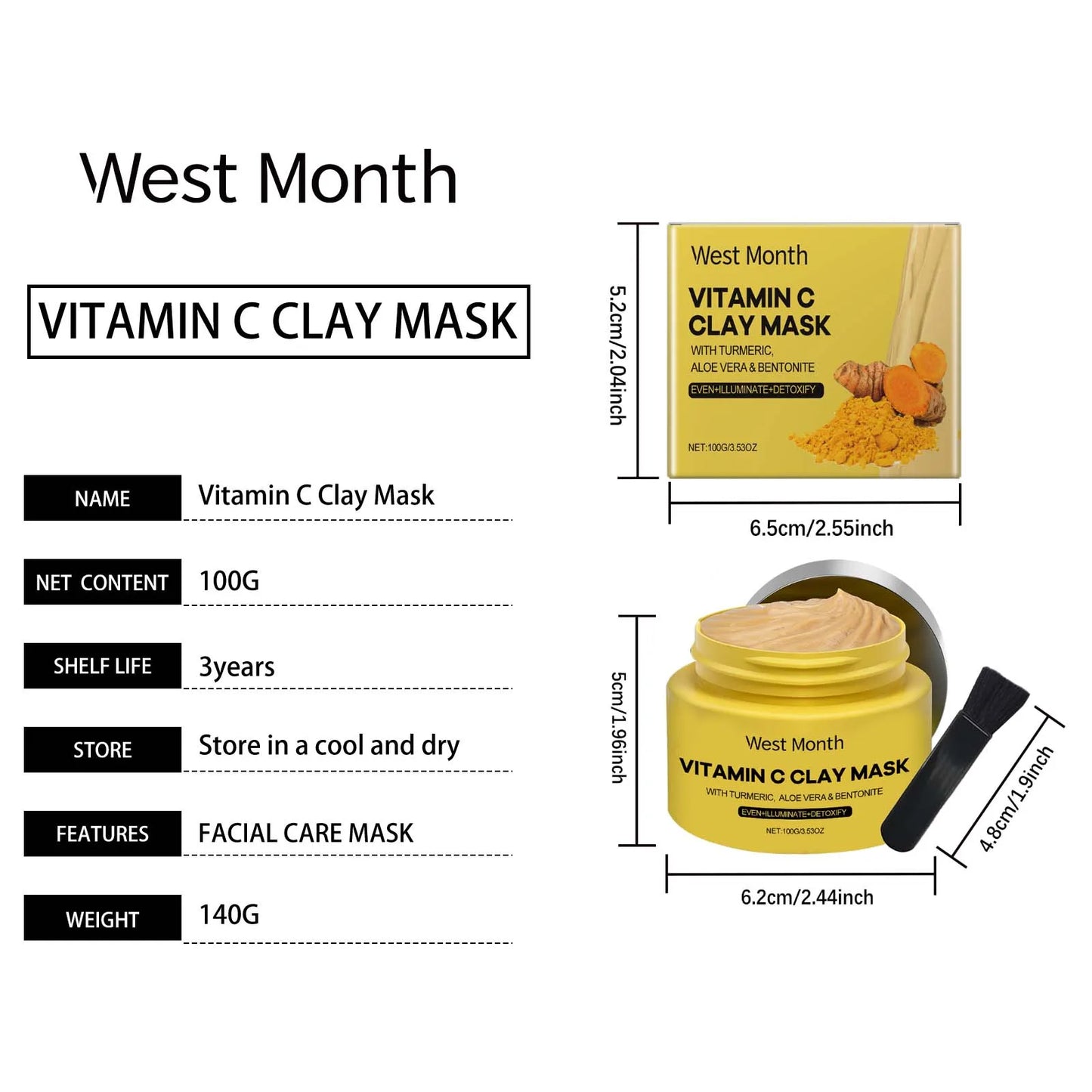 West&Month 100g Vitamin C Clay Mask Effectively Brighten Deep Cleansing Pores Nourish Hydrating Skin Care Shrink Pores Clay Mask