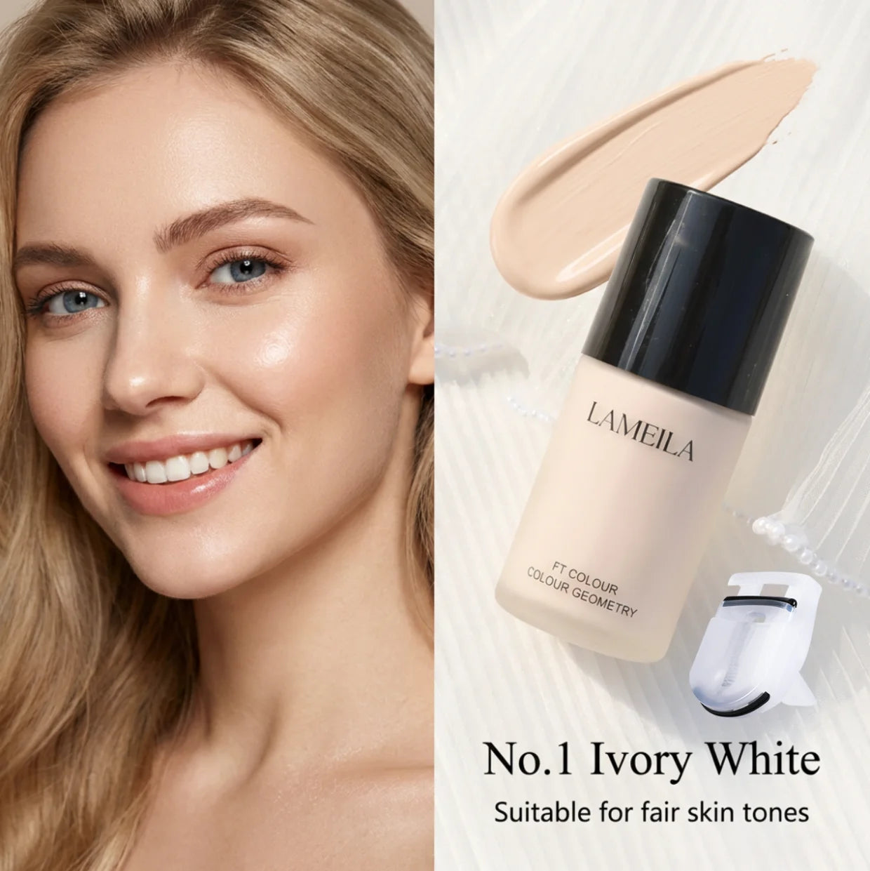 Foundation, long-lasting concealer, includes an eyelash curler, beige to light-medium neutral tones (can be layered for concealing, creamy texture, suitable for all light beige skin tones, for everyday and special occasions)