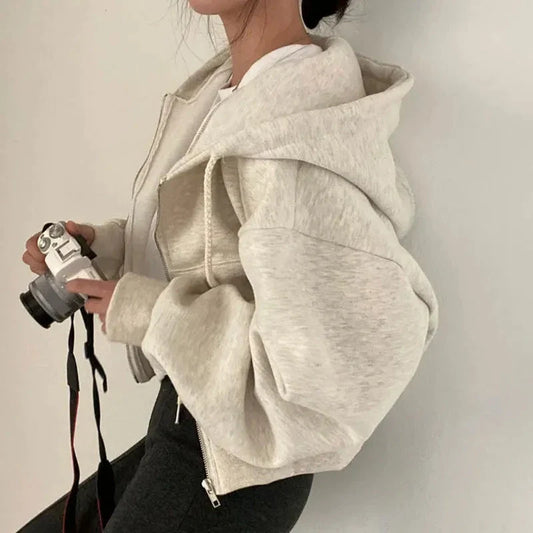 Y2K Zip Up Hoodie Womens Oversized Crop Sweatshirt Harajuku Streetwear