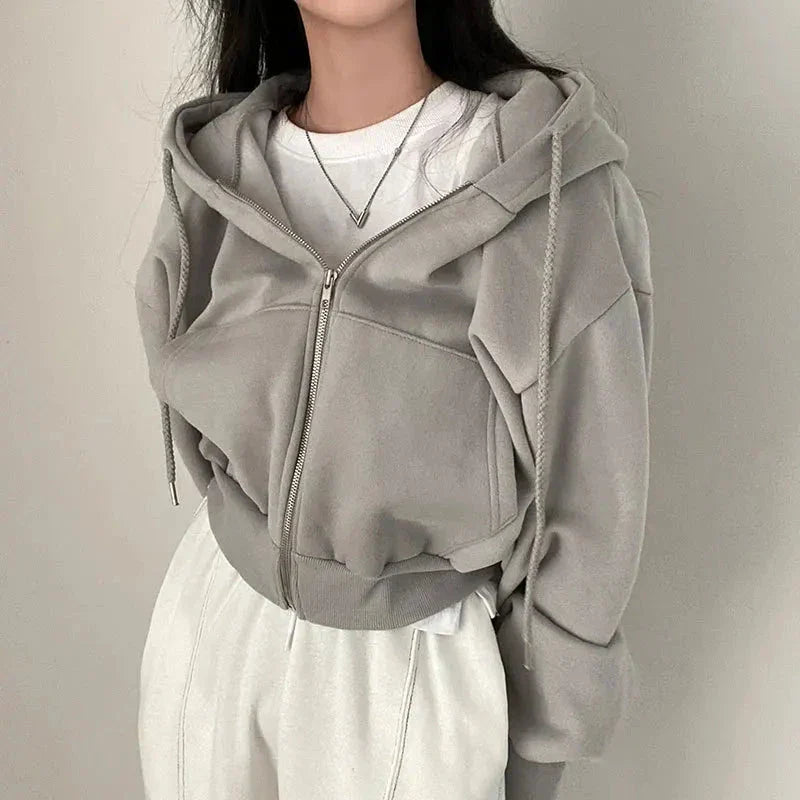 Y2K Zip Up Hoodie Womens Oversized Crop Sweatshirt Harajuku Streetwear