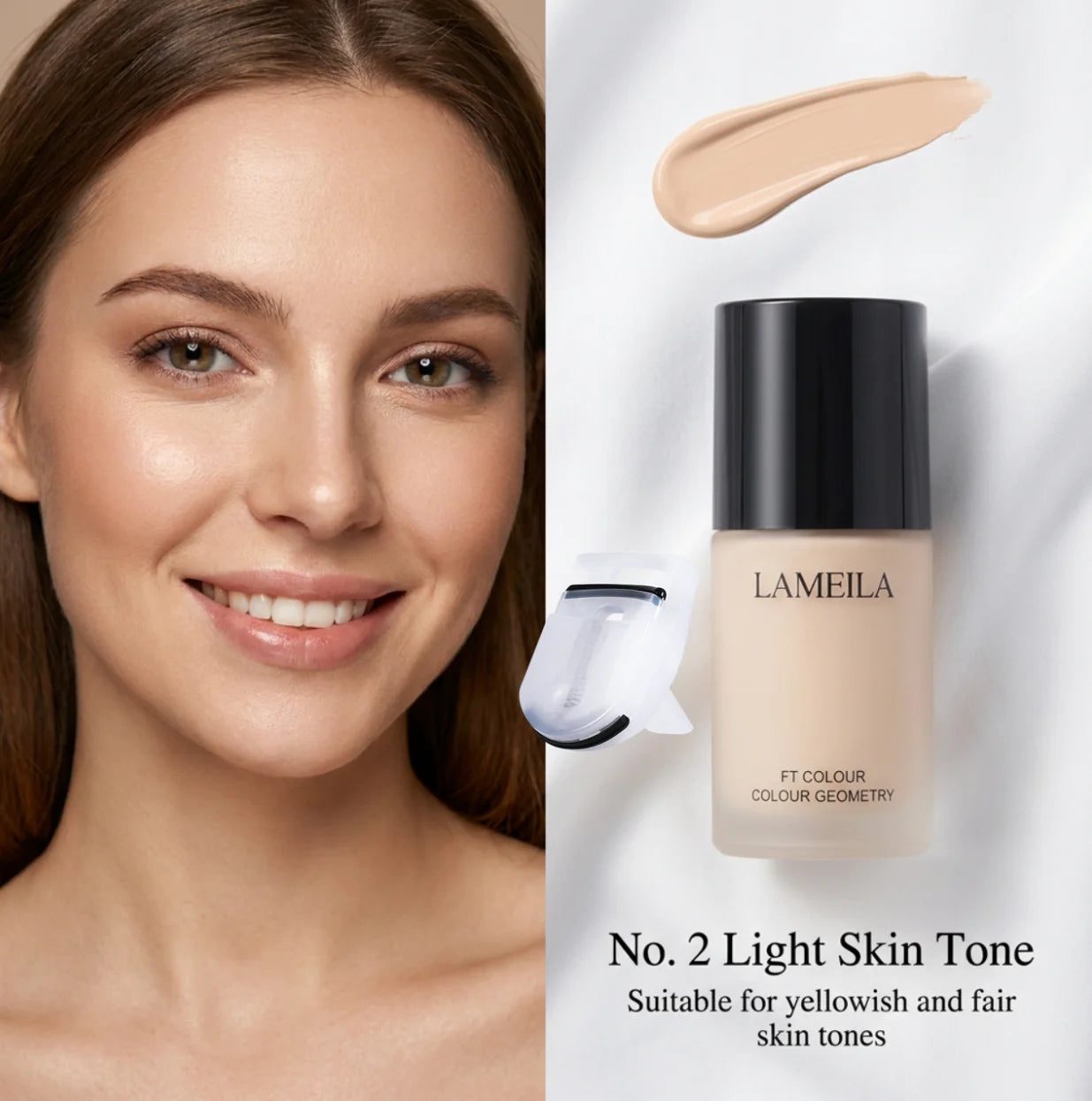 Foundation, long-lasting concealer, includes an eyelash curler, beige to light-medium neutral tones (can be layered for concealing, creamy texture, suitable for all light beige skin tones, for everyday and special occasions)