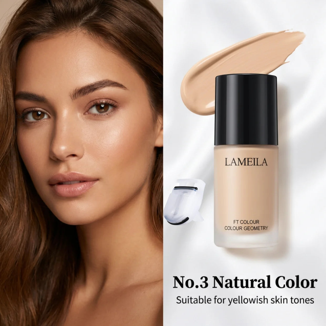 Foundation, long-lasting concealer, includes an eyelash curler, beige to light-medium neutral tones (can be layered for concealing, creamy texture, suitable for all light beige skin tones, for everyday and special occasions)