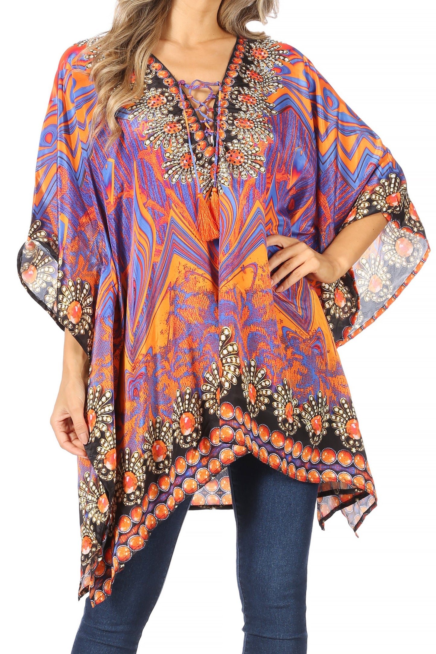 Stylish Rhinestone Lace-Up V-Neck Women's Caftan Poncho Cover-Up by Sakkas Aymee